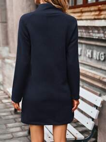 EMERY ROSE Một nửa Áo cao cổ Nguyên chất Nút Đồ trang trí Tay áo dài Đầm - Màu xanh hải quân - Xem 2