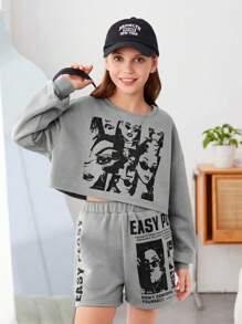 Girls' Knitwear Solid Color Letter Pattern Loose Round Neck Top With Knit Loose Shorts Set - Light Grey - View 6