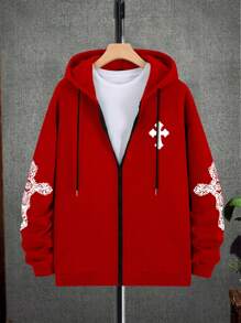 Manfinity EMRG Men's Loose Fit Hooded Jacket With Cross Print And Thermal Lined , Zipper Closure - Red - View 1