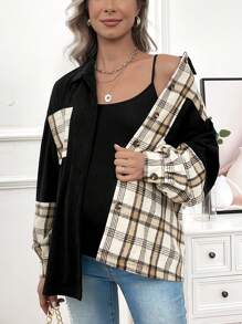 SHEIN Maternity Plaid Patchwork Shirt Style Coat - Multicolor - View 3