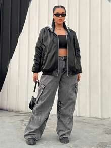 SHEIN EZwear Women's Plus Size Hooded Zipper Up Warm Jacket - Multicolor - View 4