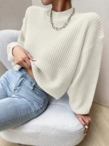 SHEIN Essnce Women's Stand Collar Drop Shoulder Design Long Sleeve Sweater Pullover - White - View 7