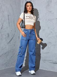 Flap Pocket Side Cargo Jeans - Medium Wash - View 5