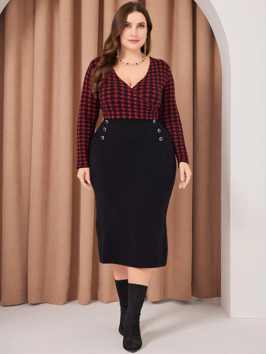 Mulvari 勃艮第红色千鸟格图案撞色长袖连衣裙