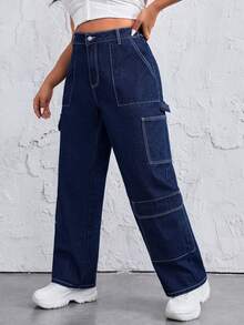 SHEIN ICON 女士深藍色高腰寬鬆牛仔褲,配有大口袋 - 藍色 - 查看 6