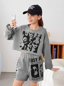 Girls' Knitwear Solid Color Letter Pattern Loose Round Neck Top With Knit Loose Shorts Set - Light Grey - View 1
