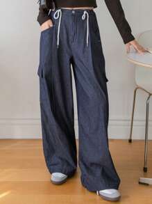 DAZY Drawstring Waist Cargo Wide Leg Denim Pants Baggy Jeans - Dark Wash - View 2