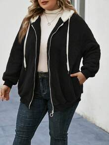 SHEIN LUNE Plus Size Women's Drawstring Hooded Jacket - Black - View 6