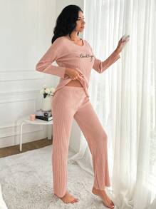 EURMUSE Damen Schlogan-Muster Oversized Langarm Top und Hose Pyjama Set - Korallenrosa - Übersicht 6
