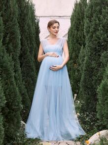 Maternity Solid Color Mesh Dress Elegant Gown For Evening Party - Baby Blue - View 4