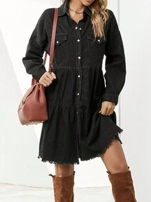 Vestidos De Mezclilla Cortos Con Botones, Manga Corta Con Volantes Y Bolsillos De Mujer - Negro - Ver 4