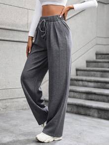 SHEIN Unity Women's Solid Color Drawstring Waist Trousers - Light Grey - View 3
