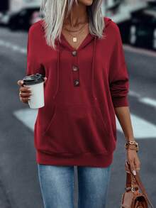 SHEIN LUNE Sudadera Roja Con Capucha Y Cordón De Ajuste Regular Para Mujer - Burdeos - Ver 6