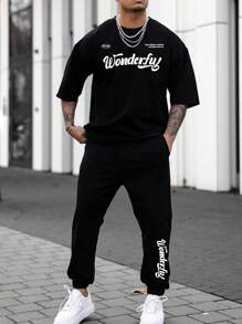 Manfinity Homme Loose Fit Men's Letter Printed Round Neck T-Shirt And Jogger Pants Set - Black - View 1
