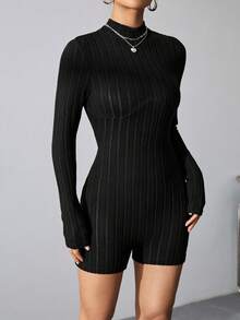 SHEIN Unity 立領肋紋修身連體裝 - 黑色 - 查看 6