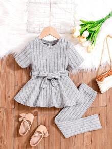 SHEIN 女童春夏時尚舒適短袖上衣配套裝 - 灰色 - 查看 1