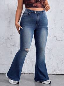 SHEIN EZwear Women's Plus Size Distressed Water Washing Flared Jeans - Dark Wash - View 5