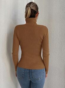 Cloudara High Neck Ribbed Knit Jumper - Brown - View 2