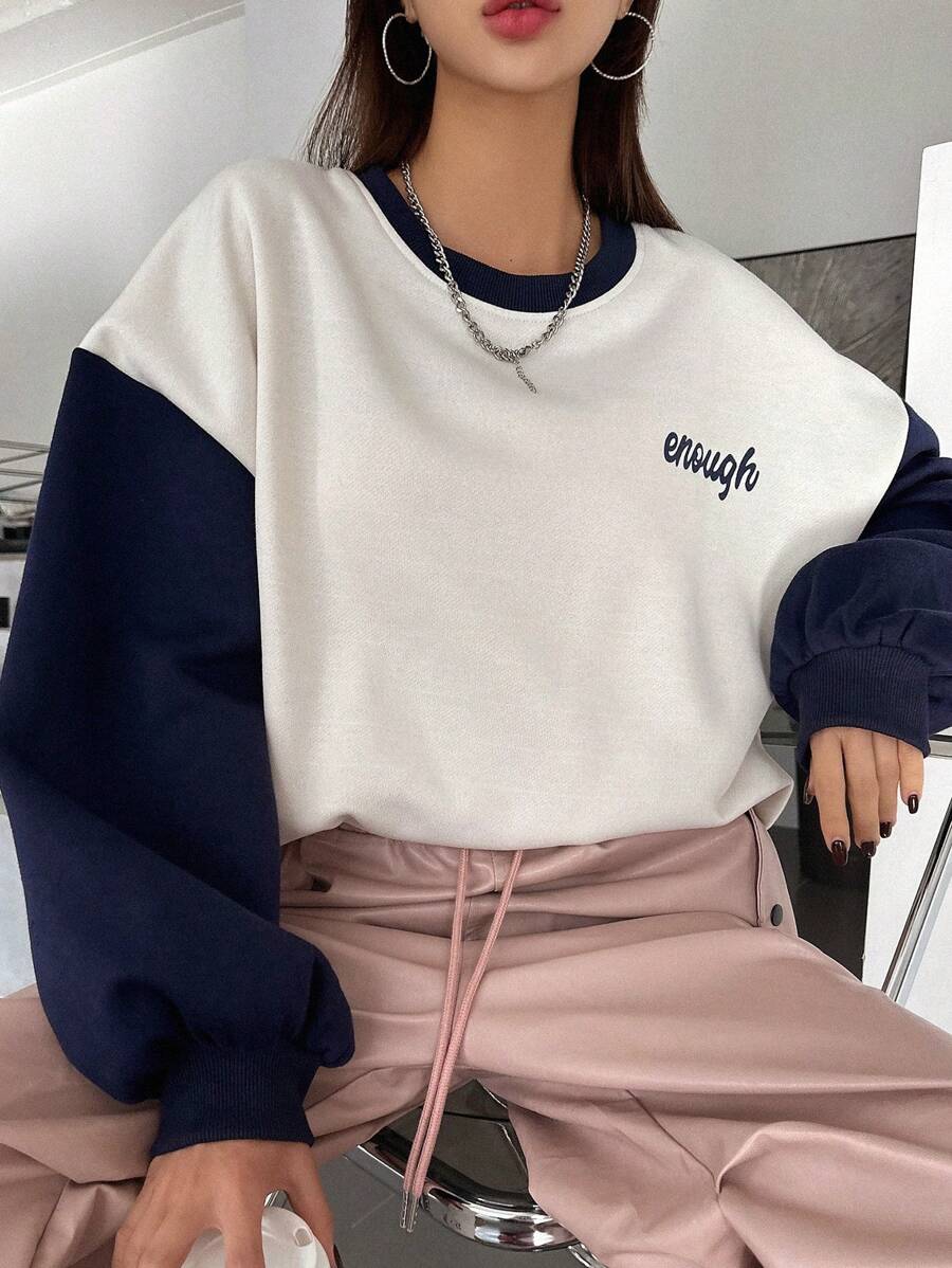 DAZY Color-block Letter Printed Drop Shoulder Sweatshirt - Navy Blue - View 1