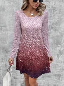 EMERY ROSE 圓領長袖漸層連衣裙 - 粉色 - 查看 5