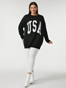 SHEIN EZwear Plus Size Letter Pattern Drop Shoulder Sweater - Black and White - View 6