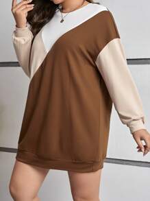 SHEIN Essnce 女款大尺碼拼色落肩運動衫 - 棕色 - 查看 5