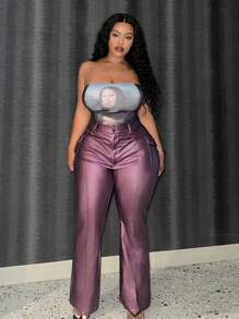 Slaydiva Pantalones PU De Color Sólido De Talla Grande