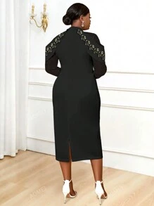 Plus Floral Embroidery Mock Neck Bodycon Cocktail Dress