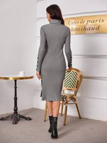 SHEIN Clasi Women's Solid Color Stand Collar Side Slit Dress - Grey - View 5