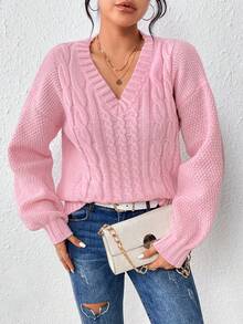 SHEIN Essnce Women'S V-Neck Drop Shoulder Pullover Sweater - Pink - View 6