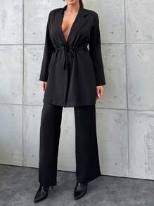 Women's Pure Color Collared Drawstring Waist Jacket And Wide Leg Pants Set - Black - View 5