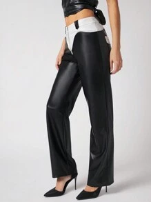 Hauture Zip Front Colorblock PU Leather Pants - Multicolor - View 3