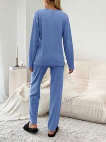 EURMUSE Butterfly & Letter Embroidery Ribbed Knit Lounge Wear Set - Blue - View 2