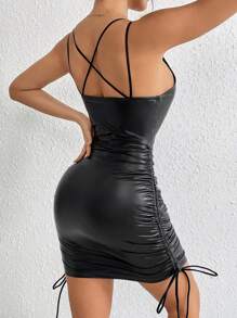 Zolique Women's Drawstring Pleated Cami Dress - Black - View 2