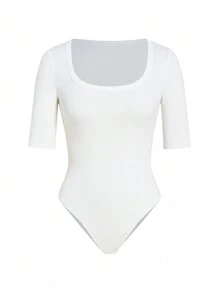 SHEIN BASICS Ladies Solid Color Slim-Fit Bodysuit With Large Round Neckline - Beige - View 1