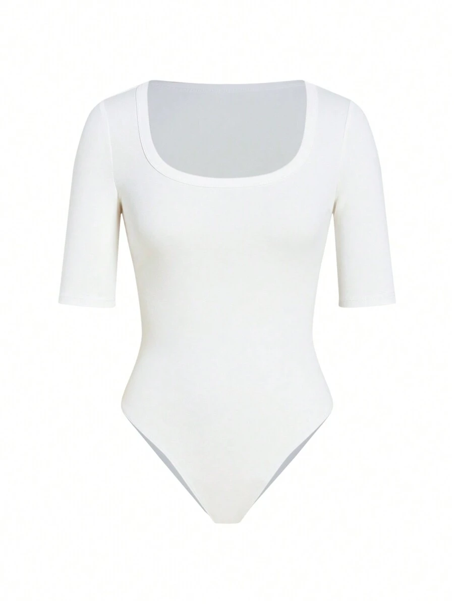 SHEIN BASICS Ladies Solid Color Slim-Fit Bodysuit With Large Round Neckline - Beige - View 1