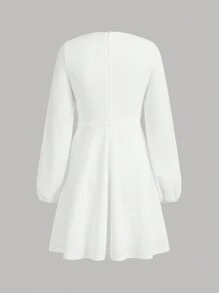 SHEIN 少女扭結前環領長袖休閒連衣裙 - 白色 - 查看 2