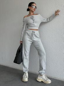 EURMUSE Quý cô Màu thuần Bộ đồ Với thắt lưng - Xám - Xem 5