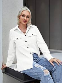 SHEIN LUNE Túi có nắp Vải to sợi Áo sơ mi - trắng - Xem 5