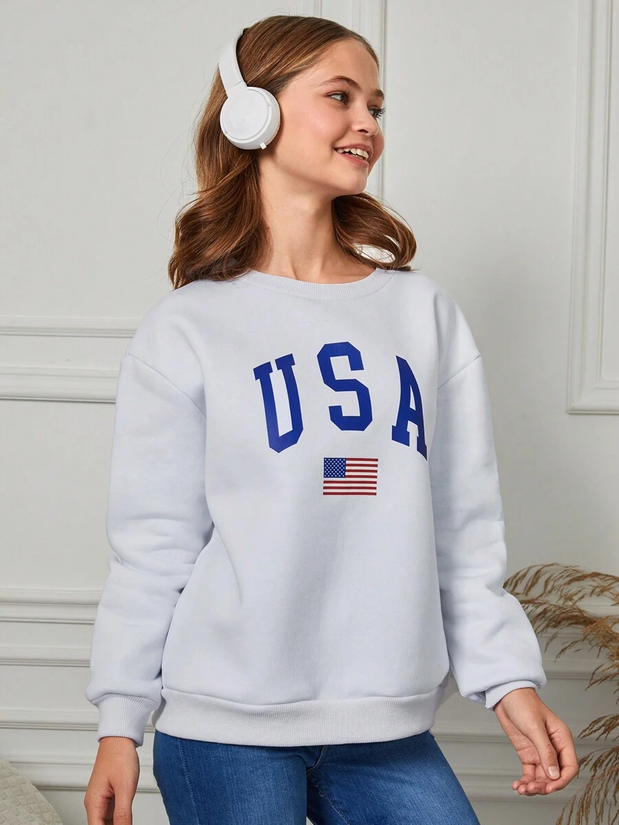 RueChic Teen Girls Usa Flag Printed Drop Shoulder Sweatshirt - White - View 1