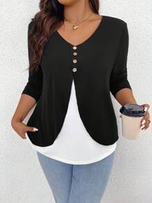 SHEIN LUNE Kích thước lớn Chặn màu Chi tiết Nút Áo thun - Đen và trắng - Xem 6