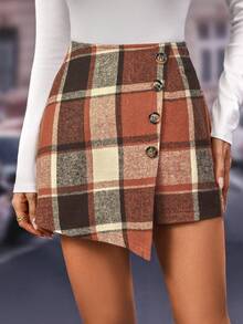 SHEIN Essnce 女士格子不对称下摆短裙 - 橘色 - 查看 6