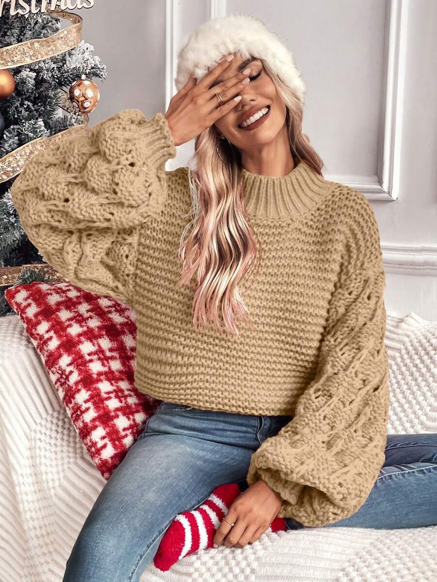 SHEIN LUNE 女士純色立領下肩鬆身休閒毛衣 - 棕色 - 查看 1