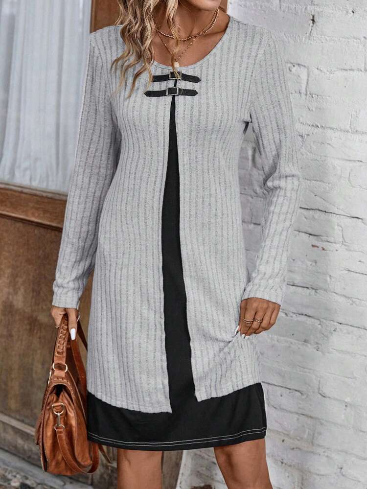 Women's Color Block Casual Ribbed Dress