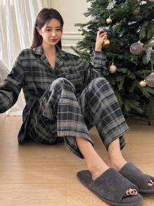 DAZY Women's Plaid Shirt And Long Pants Pajama Set