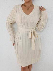 SHEIN Unity Plus Size Women's Pearl Decorated Sweater Dress - Apricot - View 3