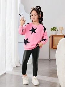 SHEIN 2pcs/Set Young Girl Sporty And Sweet Love Print Printed Knitted Round Neck Sweatshirt With Leggings, Buy 1 Get 1 Free, Great For Casual & Daily Wear & School Daily In Spring And Autumn,Valentine's Day,Mom And Daughter Matching,Sister And Me Matching