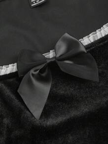 SHEIN MOD Women's Color Contrast Mesh Embroidered Dress With Bow Decoration And Flare Sleeves - Black and White - View 3