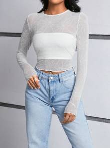 SHEIN Essnce 毛絨網紗女士上衣 - 白色 - 查看 4