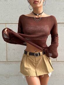 SHEIN Unity 女士船頸透視休閒毛衣 - 咖啡棕 - 查看 3